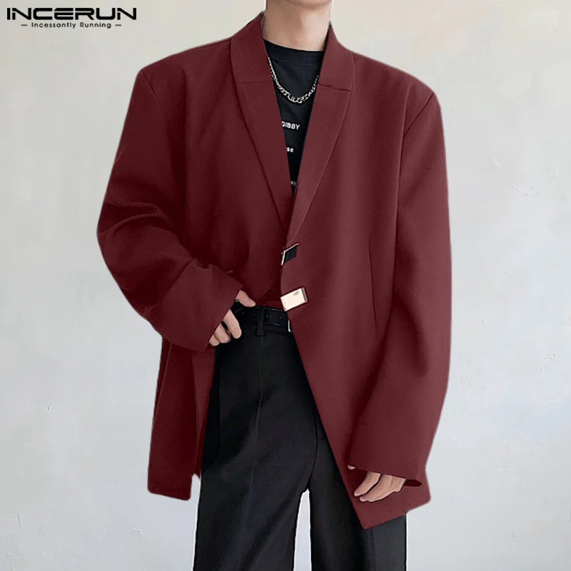 INCERUN Tops 2024 Fashion Mens Slanted Neck Metal Buckle Shoulder Pad Blazer Casual Clubwear Solid Long Sleeved Suit Coats S-5XL