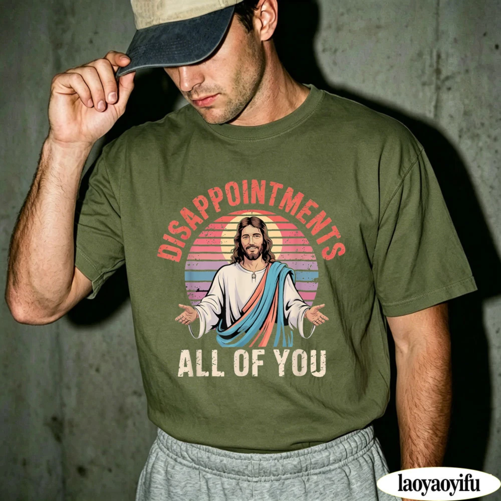 T-shirt décontracté vintage effet vieilli avec impression 'Disappointments All Of You Jesus Sunset', thème religieux chrétien, pour les croyants, idéal comme cadeau