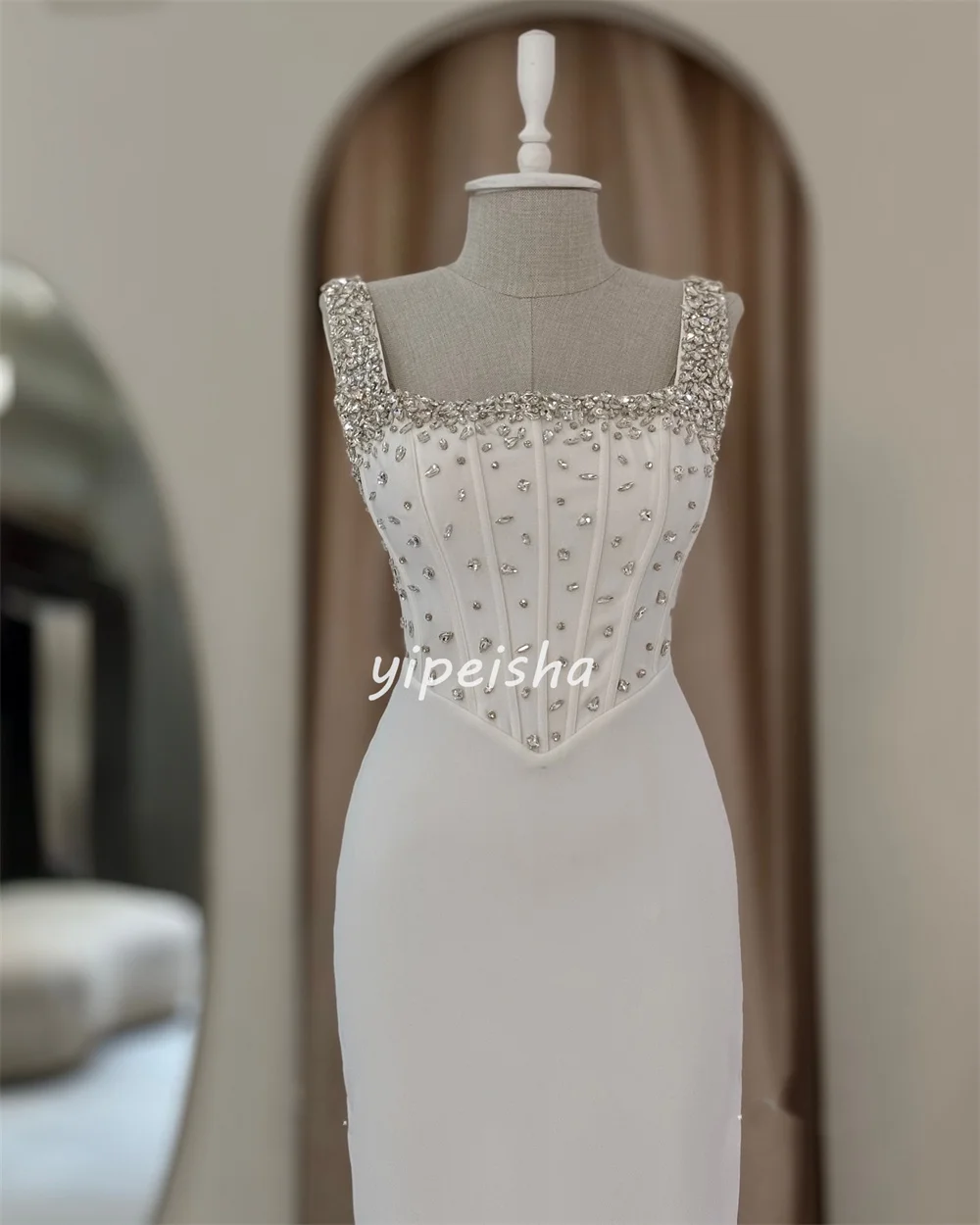 Sukienki na zamówienie w nowoczesnym stylu, wykwintne, z dżerseju, z dżetami, plisowane, o kroju tuby, z odkrytymi ramionami, długie, szyte na miarę sukienki okolicznościowe, klasyczne.