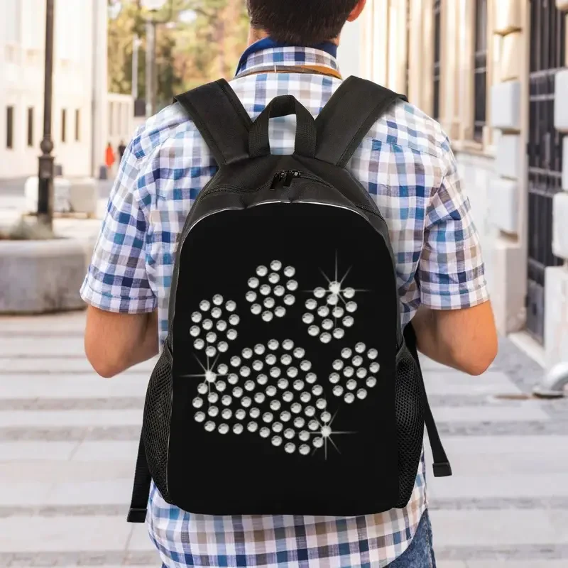 Customized 3D Print Rhinestone Dog Paw Backpack Crystal Diamond School College Travel Bags Men Women Bookbag Fits 15 Inch Laptop