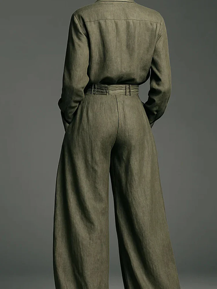 

Осенние женские новые брюки с карманами, простые комплекты рубашек и брюк с длинными рукавами для отдыха, винтажные однотонные свободные наряды для поездок на работу