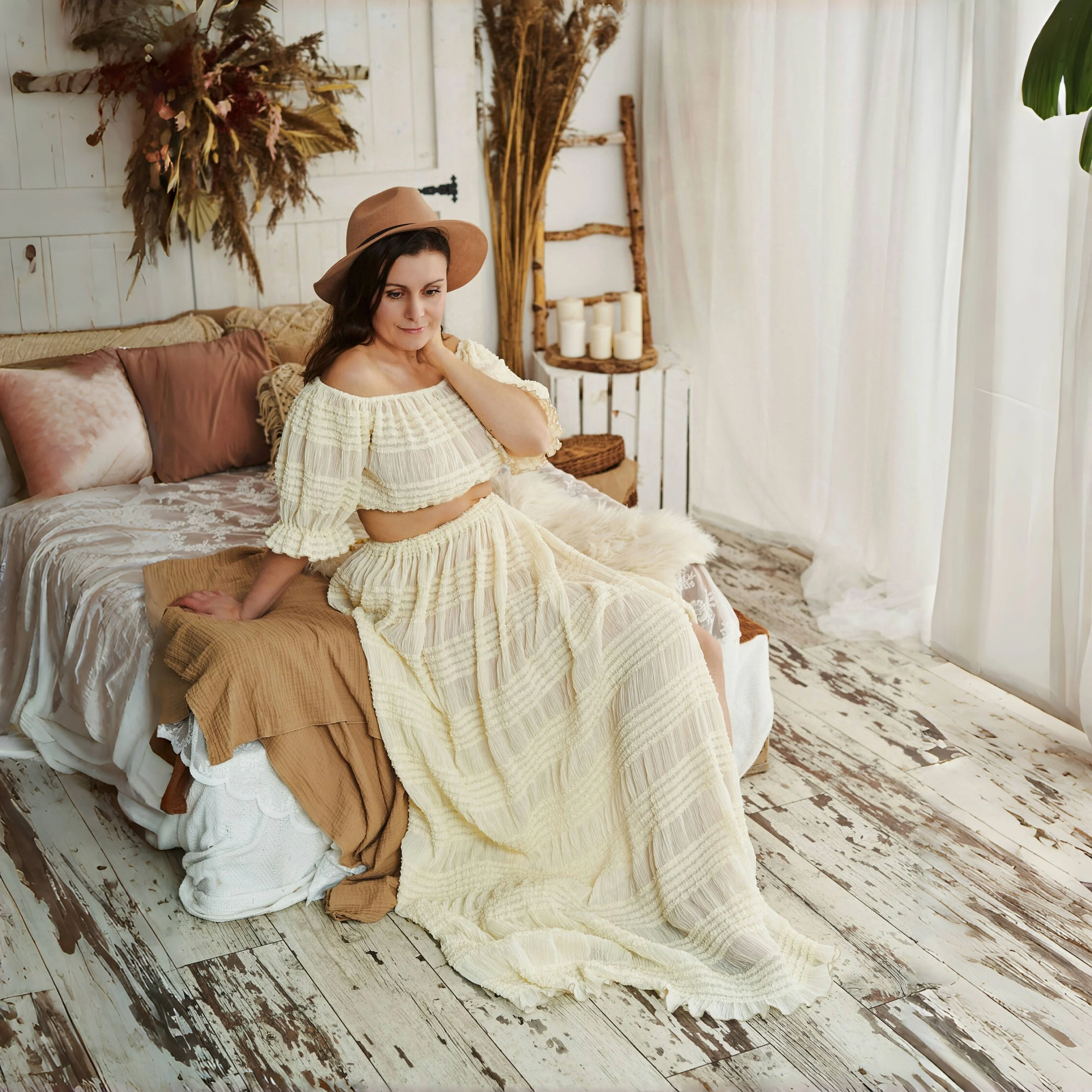 

2025 Summer Ruffles Chiffon Pleated Pregnancy Photogrpahy Outfit Slash Neck Two Pieces Maternity Oufit
