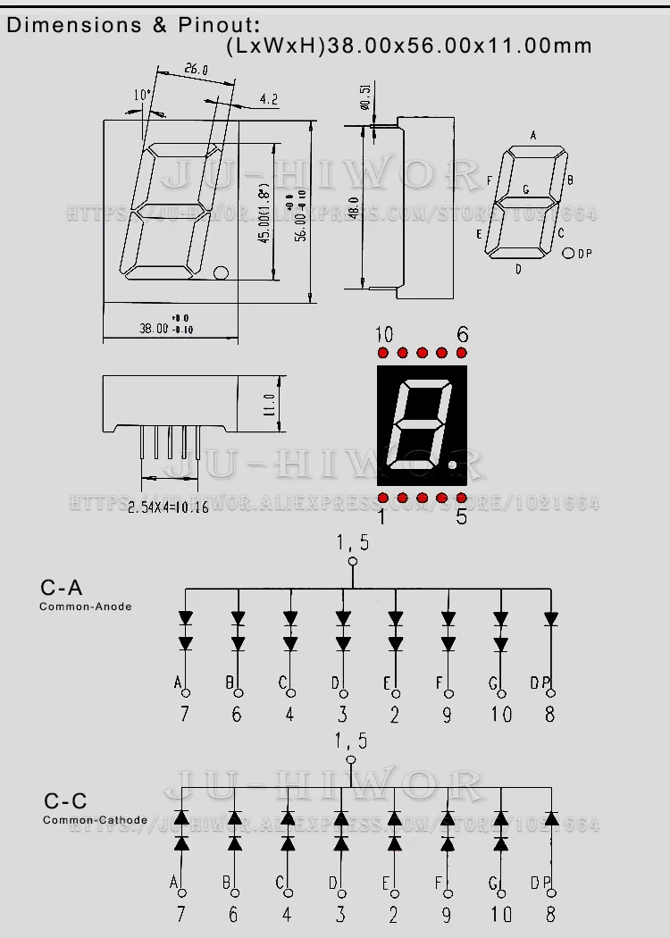 10pcs 1.8 Inch 10Pins 1 Digit Bit 7 Segment Red LED Digital Display Digitron 18101AH 18101BH Common Anode Cathode C-C C-A