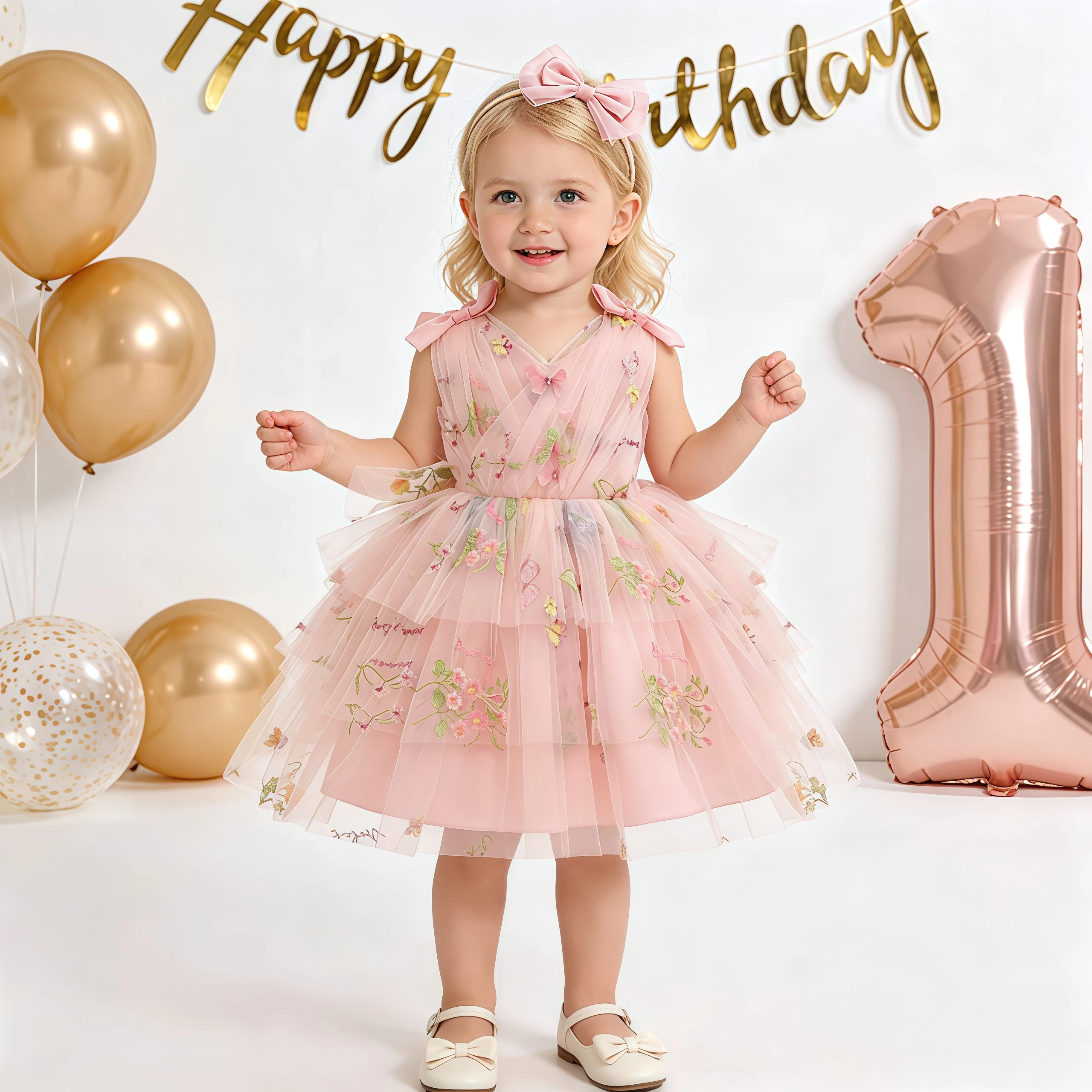 

Toddler Baby Girls Butterfly Tulle Dresses With Headwear Wedding Flower Girl Mesh Bowknot V Back Party Birthday Formal Vestidos