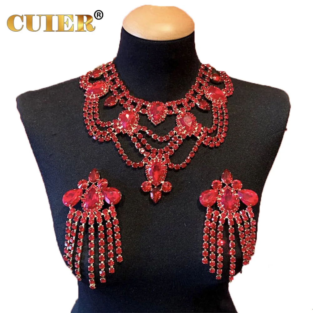 CUIER Long Tassel Multilayer Jewelry Set Earring Necklace 3pcs/suit Wedding Huge size Accessories Man Drag Queen Stage Decorate