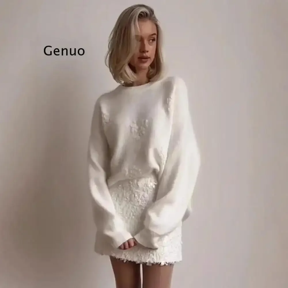 

Women's Solid Color Crew Neck Long Sleeve Jacquard Knit Sweater Fall Winter Stylish Cozy Warm Casual