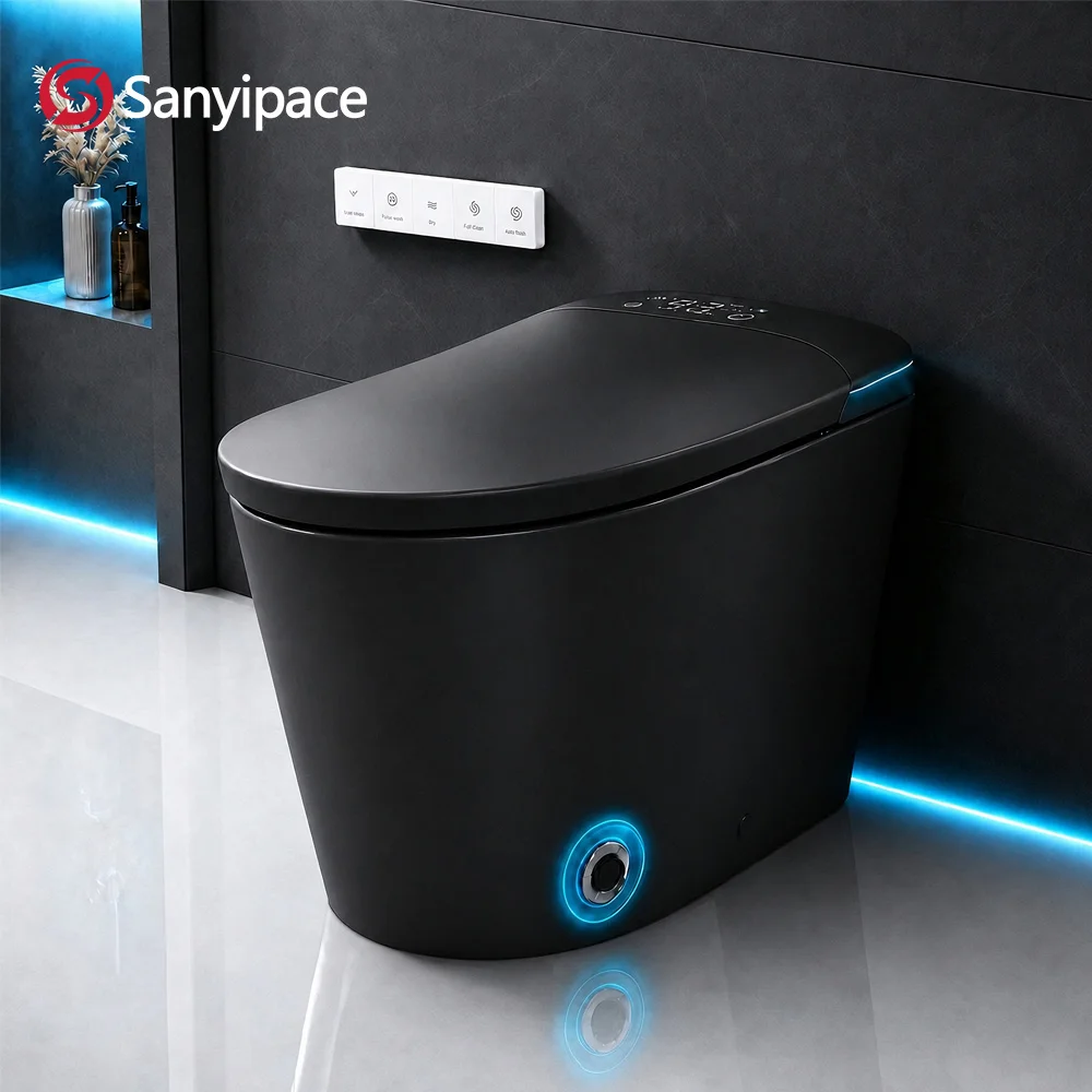Black 110V One-piece Smart Toilet Seat and Bidet Build in Tank Instant Heat Water Cleaning Warm Seat Air Drying Toilet Auto Sensing Night Light Toilet Bathroom Accessories