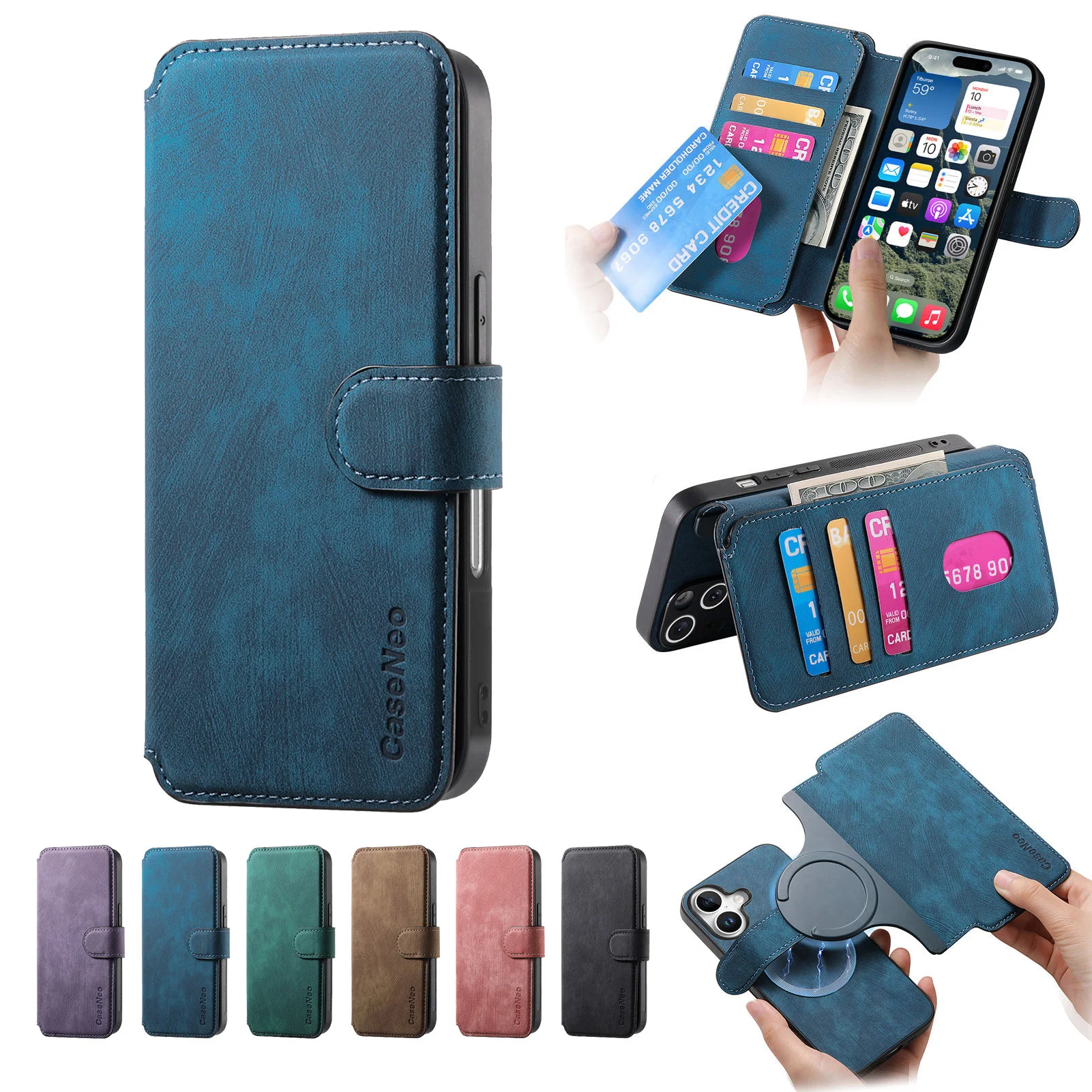 

Retro Magnetic Case For iPhone 16 Pro Max 15 Plus 14 13 12 11 Pro Max XR 7 8 Plus 16E Card Wallet Phone Case Stand Cover capa