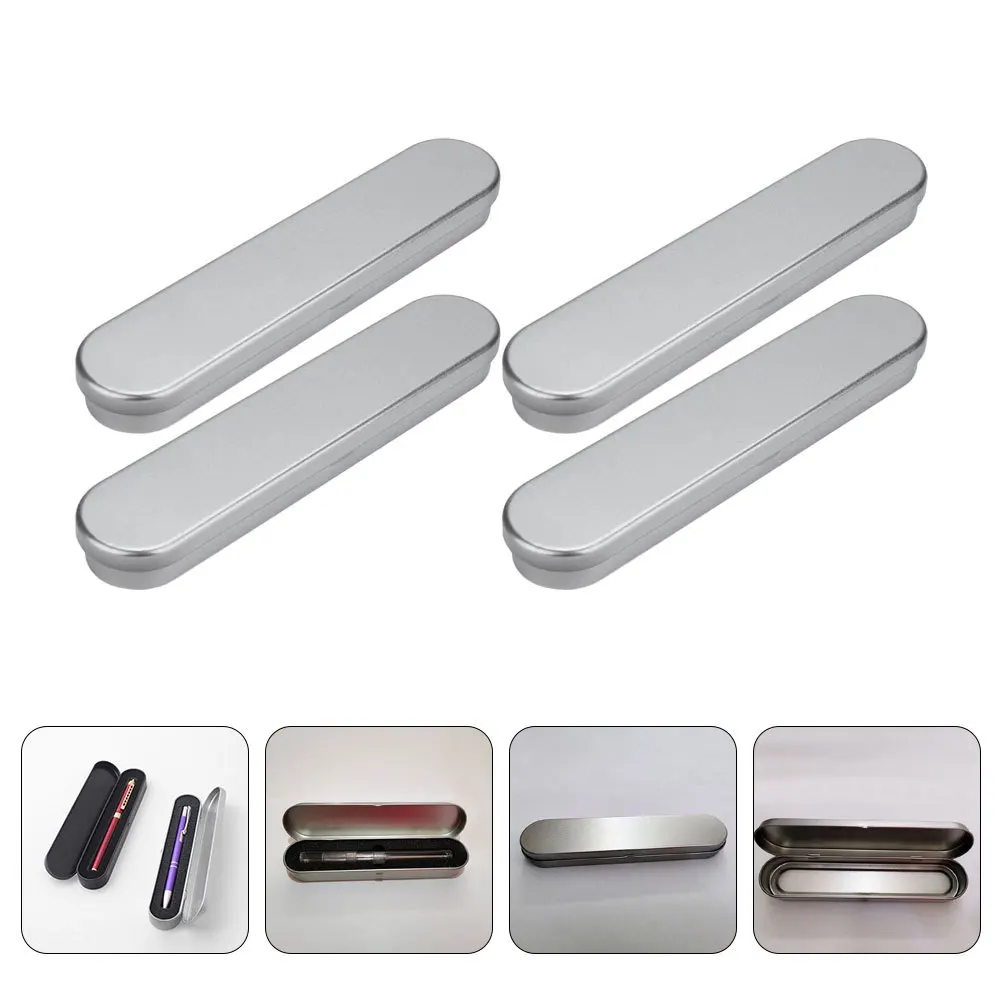 

4pcs Tinplate Stationery Case Silver Durable Pen Storage Box For Student School Office Supplies Small Pencil Case