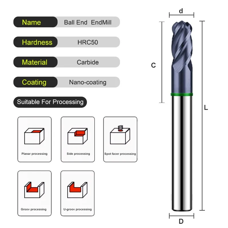 YIFINO TGH-HRC50 4-Flute Tungsten Steel Carbide Green-Ring Coating Ball End Milling Cutter CNC Mechanical Machin End Mill Tools