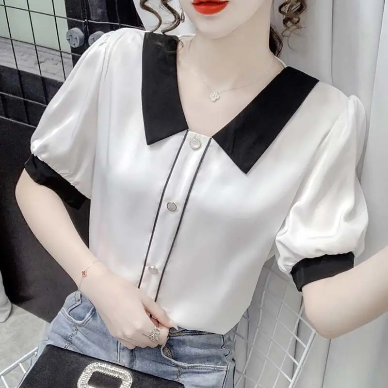 Camisa de manga corta con cuello de muñeca para mujer, Top de gasa reductor de edad a la moda, nuevo diseño de verano 2025, nicho