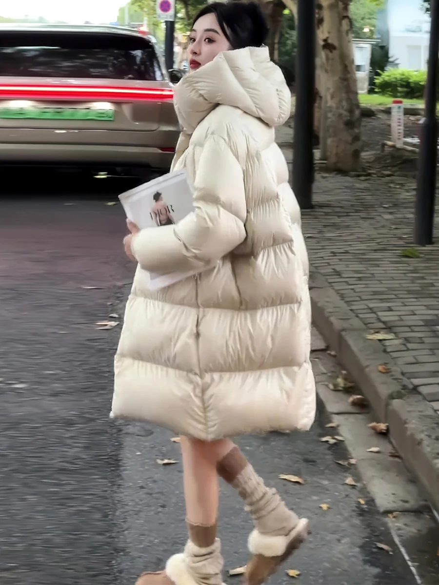 Cloud Donut Thiened Jaet cálido de plumón para mujer suelto largo con capucha de longitud media pan Sle prendas de vestir exteriores para invierno 2025