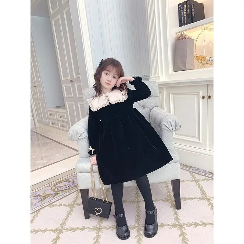 2024 New Teen Girls Winter Velvet Dress Elegant Fall Clothing Big Girl Black Dresses Autumn Baby Party Dress With Collar Lapel