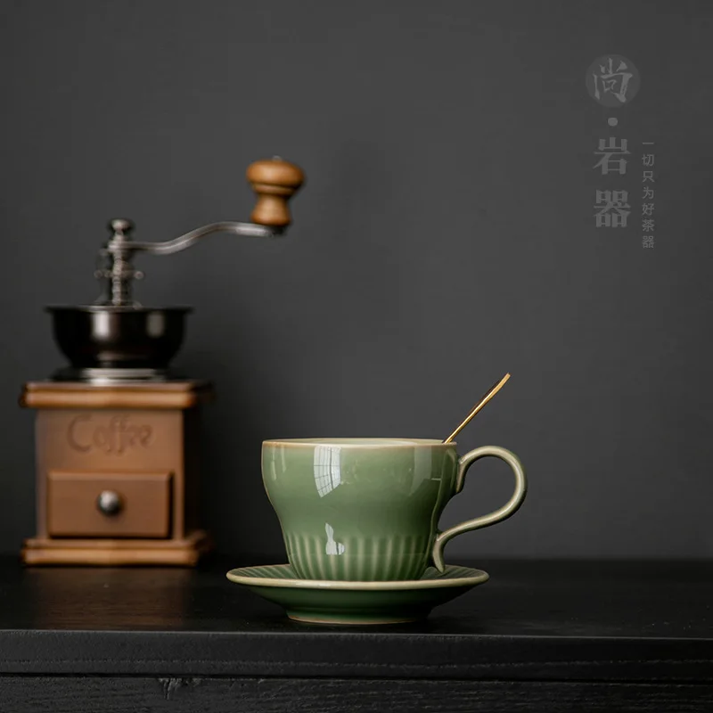 HYS retro celadon green vertical coffee cup with saucer set ceramic drinking cup breakfast cup milk view 2