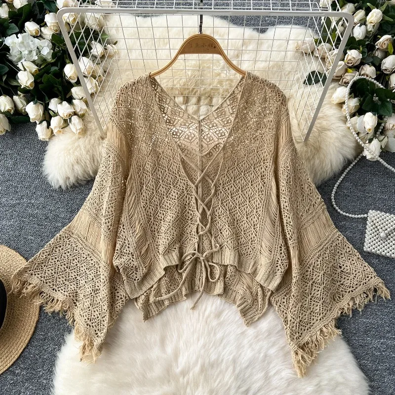 

Boho Beach Holiday Cardigans for Women Crochet Hollow Out Knitted Female Cardigan Crop Top Lace-up Long Sleeve Coat Dropshipping
