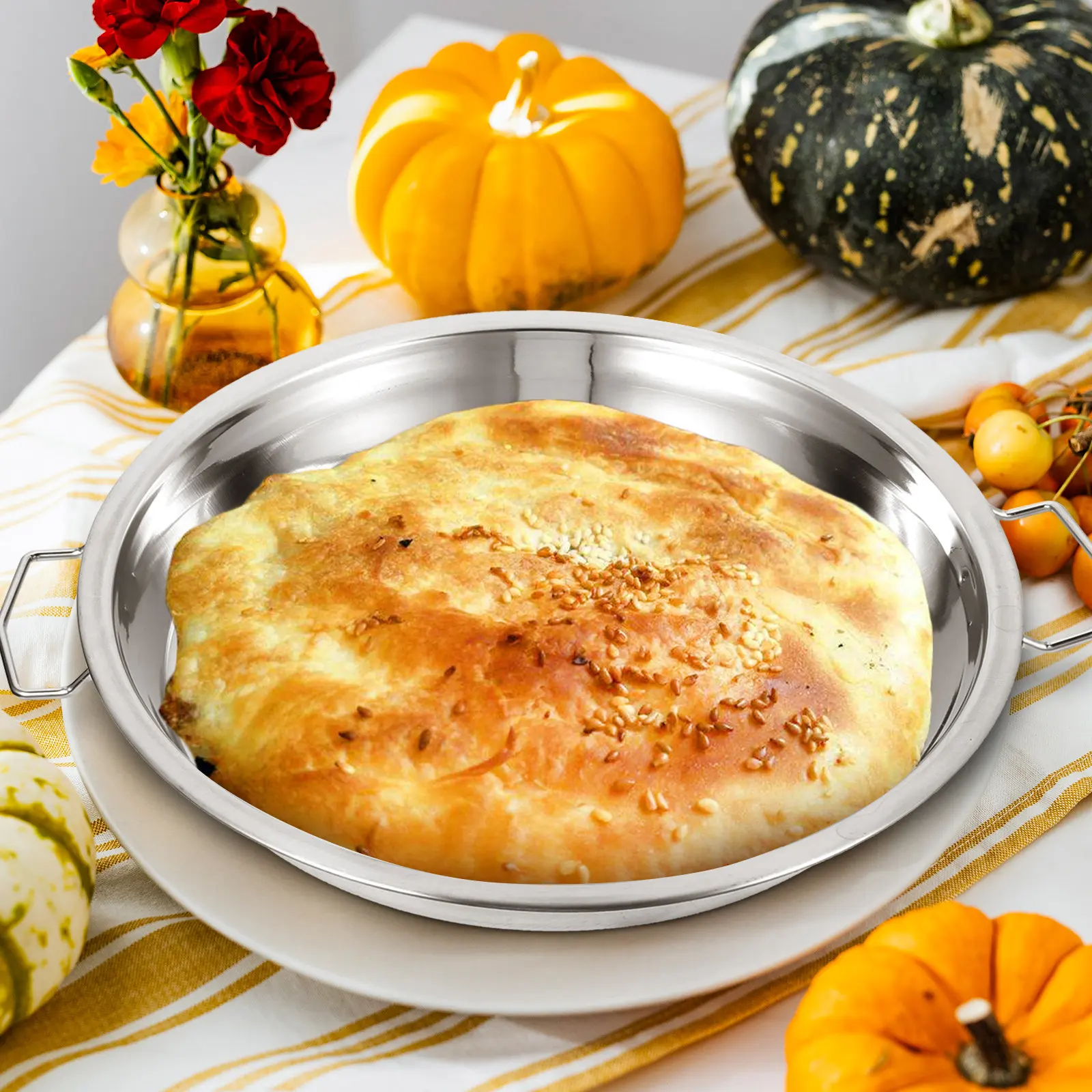 

2Pcs Stainless Steel Double Handle Steaming Plate Reusable Kitchen Dish for Cold Noodle Dessert Cake Buffet Party Serving Tray