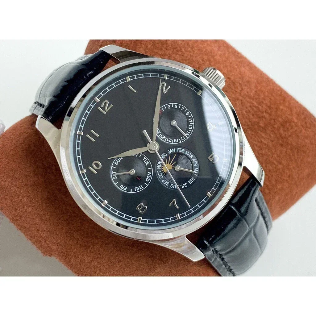 

Luxury New Mens Automatic Mechanical Calendar Watch Stainless Steel MoonPhase Black Leather Sport Watches