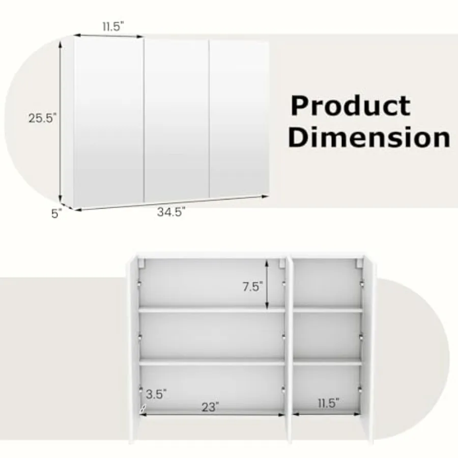 Bathroom mirrored medicine cabinet, white MDF, large wide wall-mounted storage with 3 mirror doors, hanging organizer, 34.5 x 5 view 2