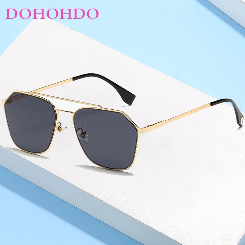 

DOHOHDO Polygonal Metal Thin Frame Sunglasses For Women Men Double Beam Fashion Eyewear Pilot Sun Glasses UV400 Square Shades