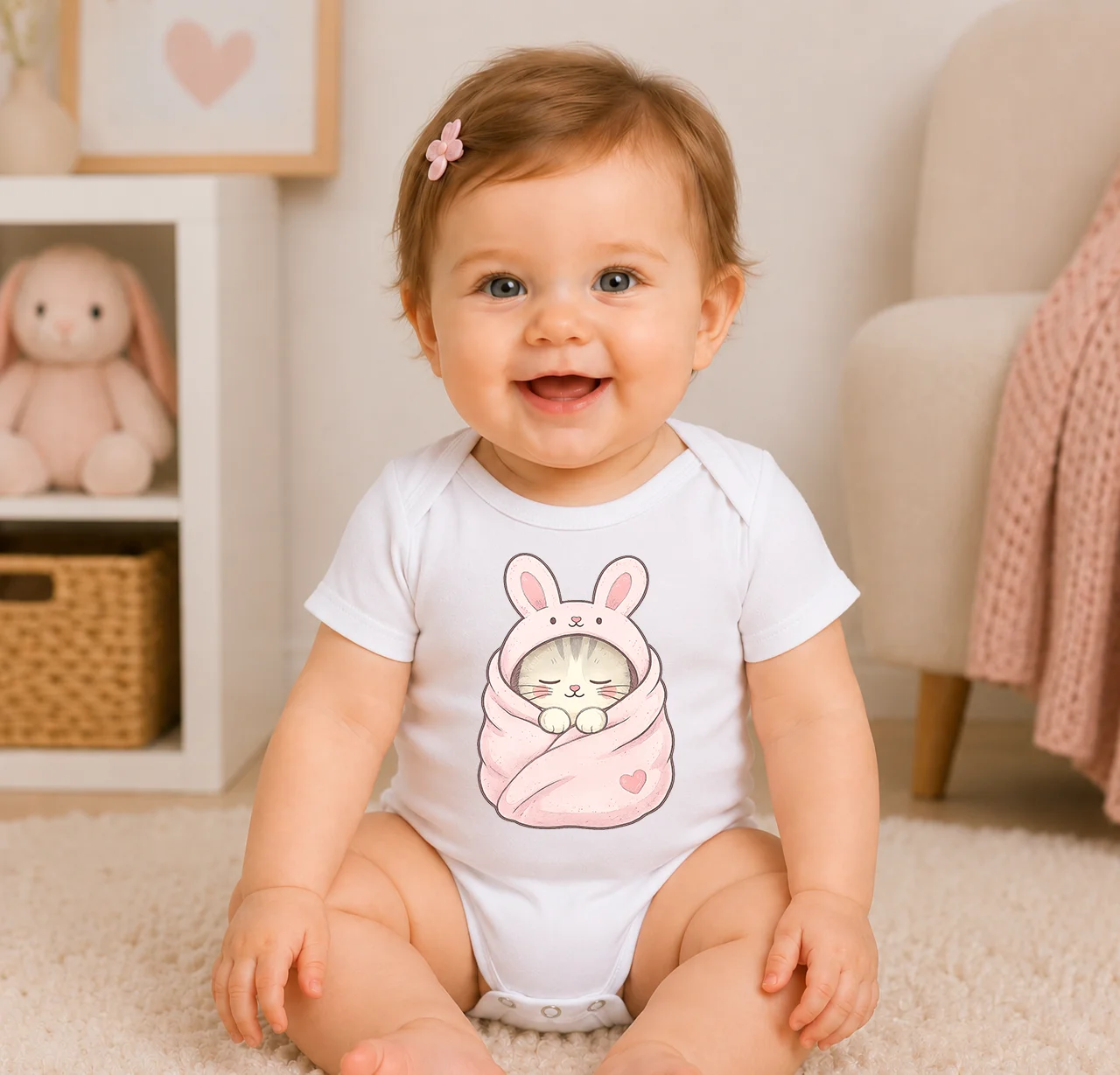 Cute Cat Wrapped In Pink Bunny Blanket Print Baby Onesie Summer Short Sleeve Cotton Newborn Romper Infant Girls Triangle Bodysui