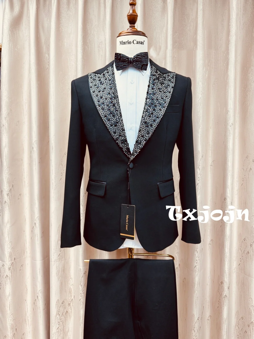 

New Black Beaded Men's Suits 3 Pieces Party Prom Wear Stylish Exquisite Man Peak Lapel Suit Set Stage Performance Wear S-3XL