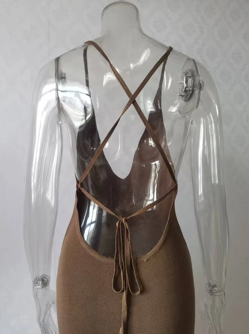 Women's Sexy Deep V Neck Backless Lace-Up Knit Dress Crochet Bikini Cover-Up High Slit Long Beach Dress Swimwear Sarong