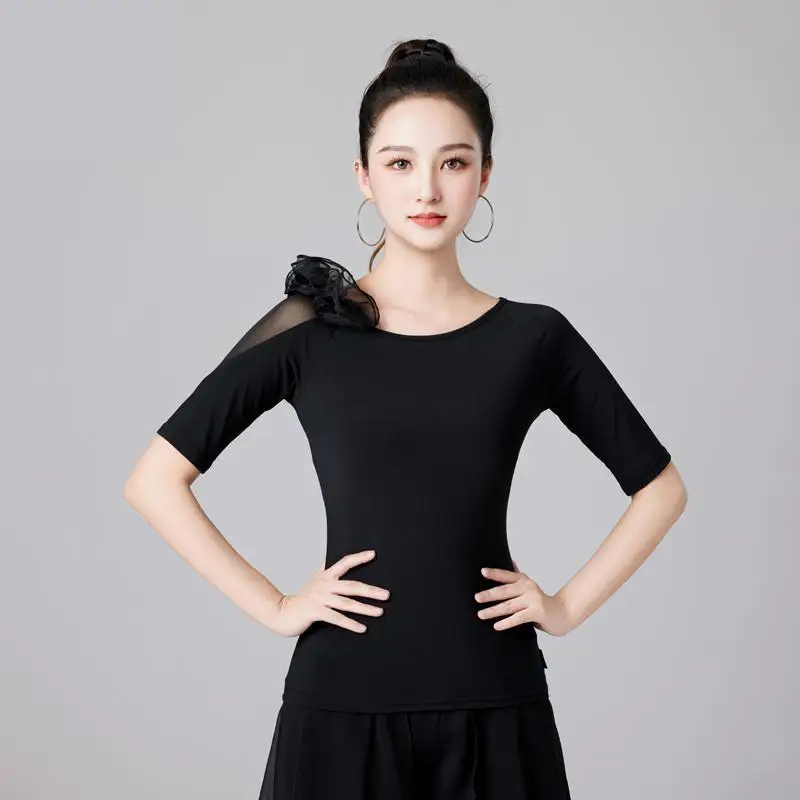 Kant Patchwork Latin Dans Kostuum Wals Tops Volwassen Moderne Tango Slijtage Vrouw Effen Kleur Korte Mouw Prom Buik Avondkleding