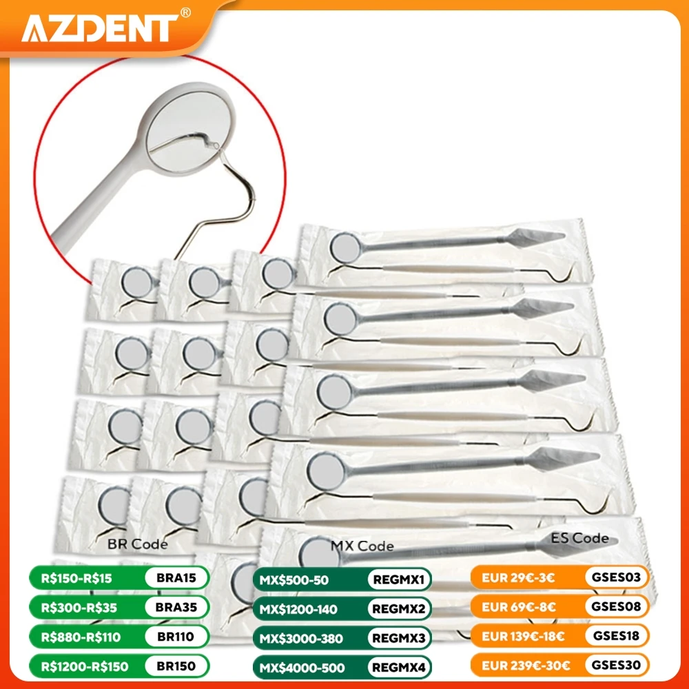 20Kits Dental Instrument Oral Mirror AZDENT Teeth Explorer Probe Double-Ended Dentistry Treatment Materials Disposable Oral Bag