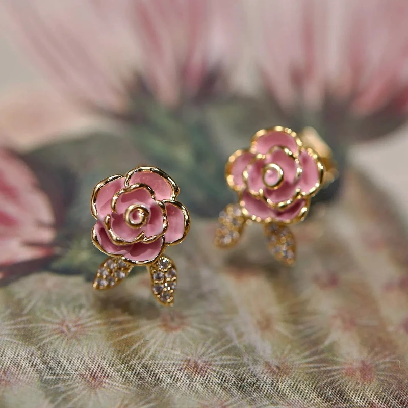 

Midsummer Night's Dream Vintage Exquisite Gentle Pink Rose Sweet Versatile Zircon Pearl Earrings Adjustable Rings for Girls