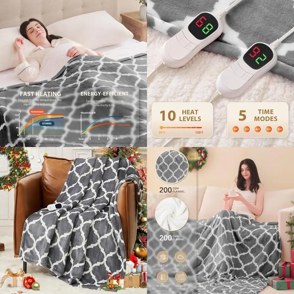 بطانية كهربائية بحجم كينج 100 × 90 - 10 مستويات حرارية، إيقاف تلقائي لمدة 8 ساعات، فلانيل ناعم، حماية من الحرارة الزائدة، معتمدة من ETL