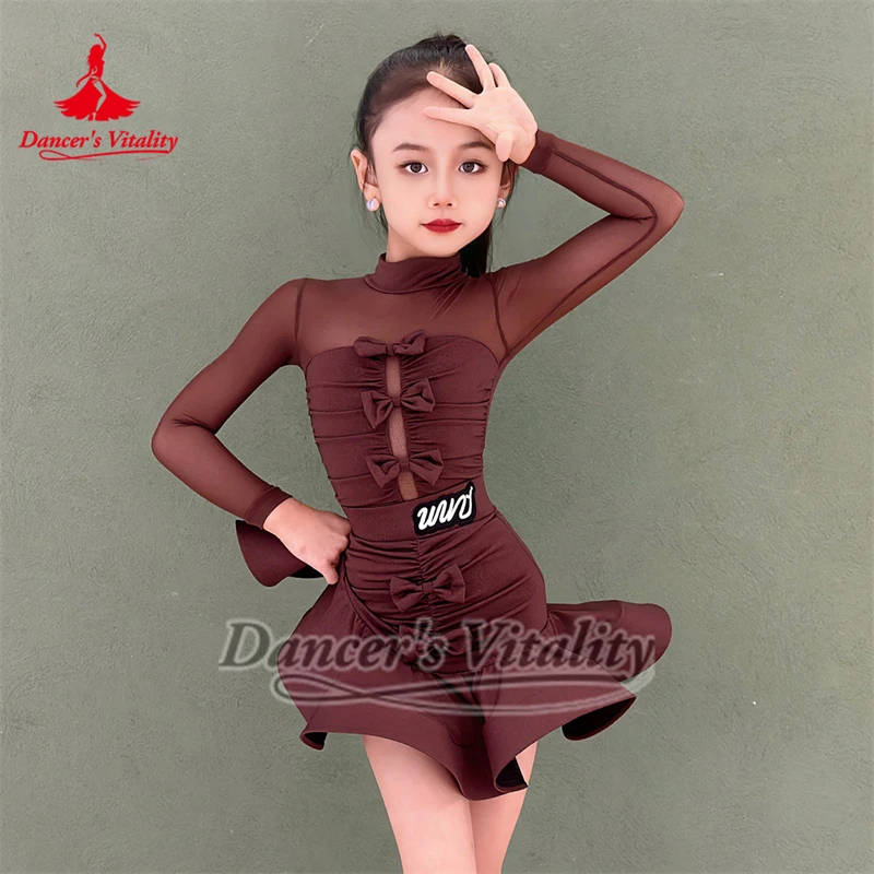Tieners Latin Dance Hooggesloten Lange Mouwen Strik Decoratie Bodysuit + Visgraat Rok Sets Danser Vitaliteit Chacha Kleding