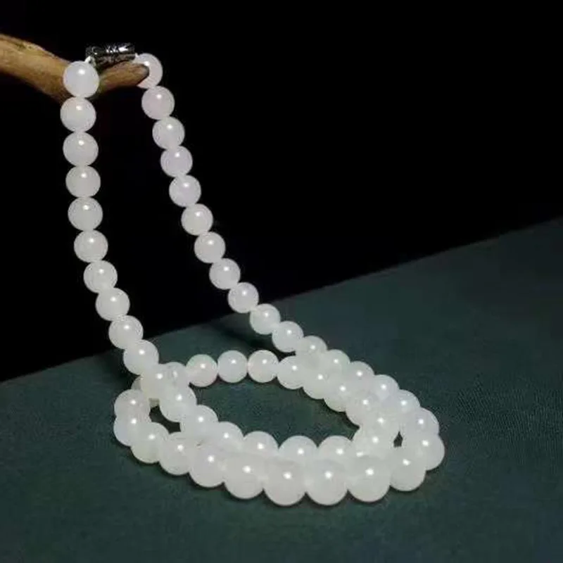 

Crafts Natural Hetian Sheep Fat White Necklace Vintage Beads round Jade Elegant Mother Chain