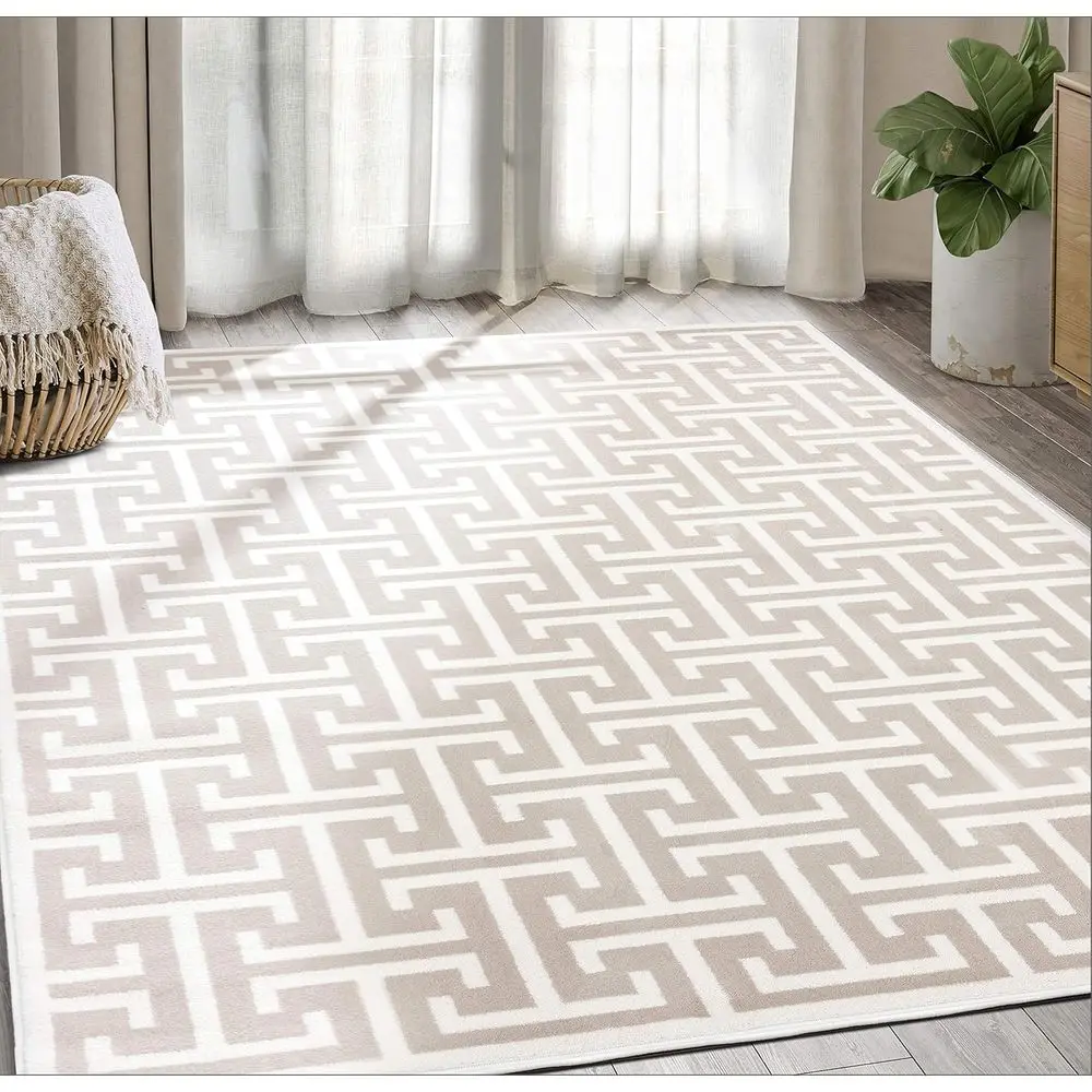 

Modern Geometric Beige & White Greek Key Pattern Area Rug - 4' x 6' Neutral Style