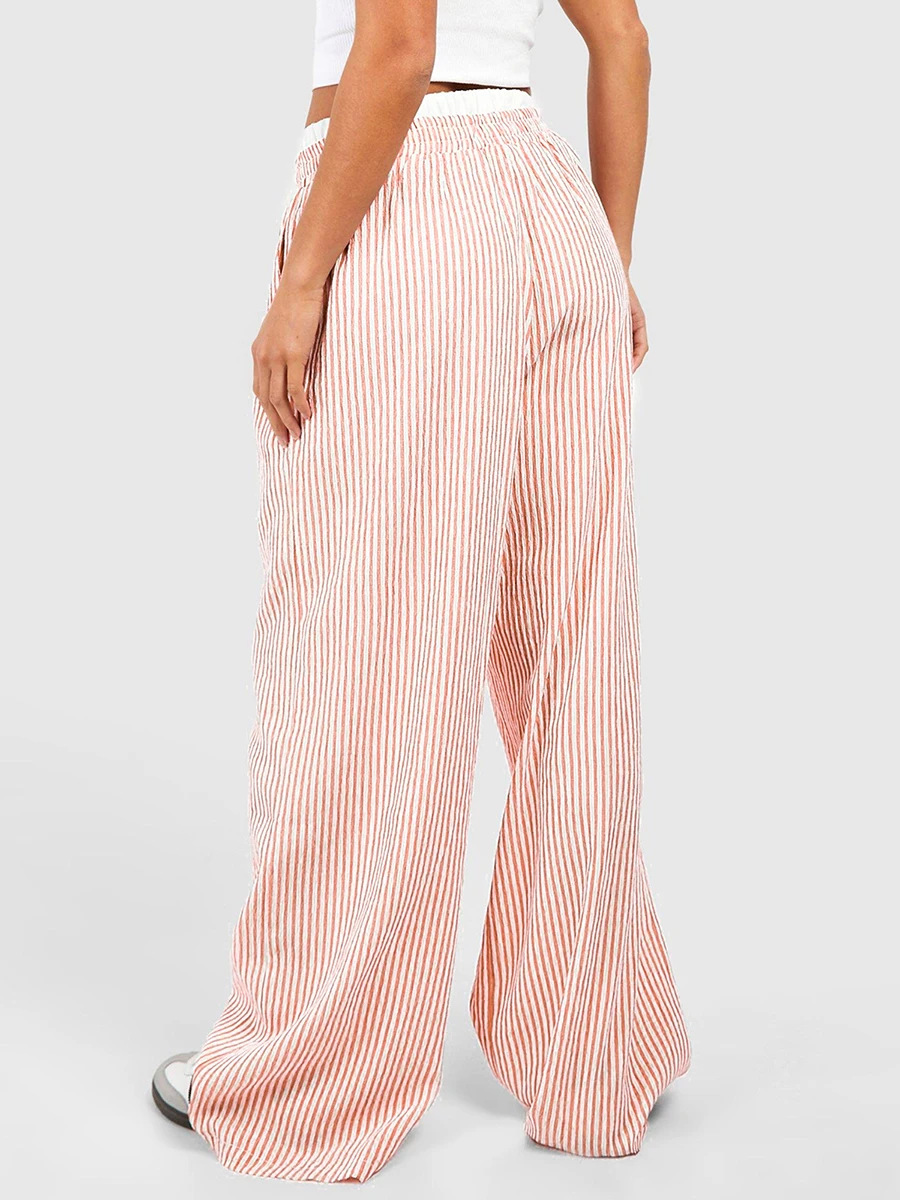 Y2K Striped Wide Leg Lounge Pants Women Pinstripe Loose Fit High Waist Pajama Bottoms Gingham Going Out Pants Streetwear