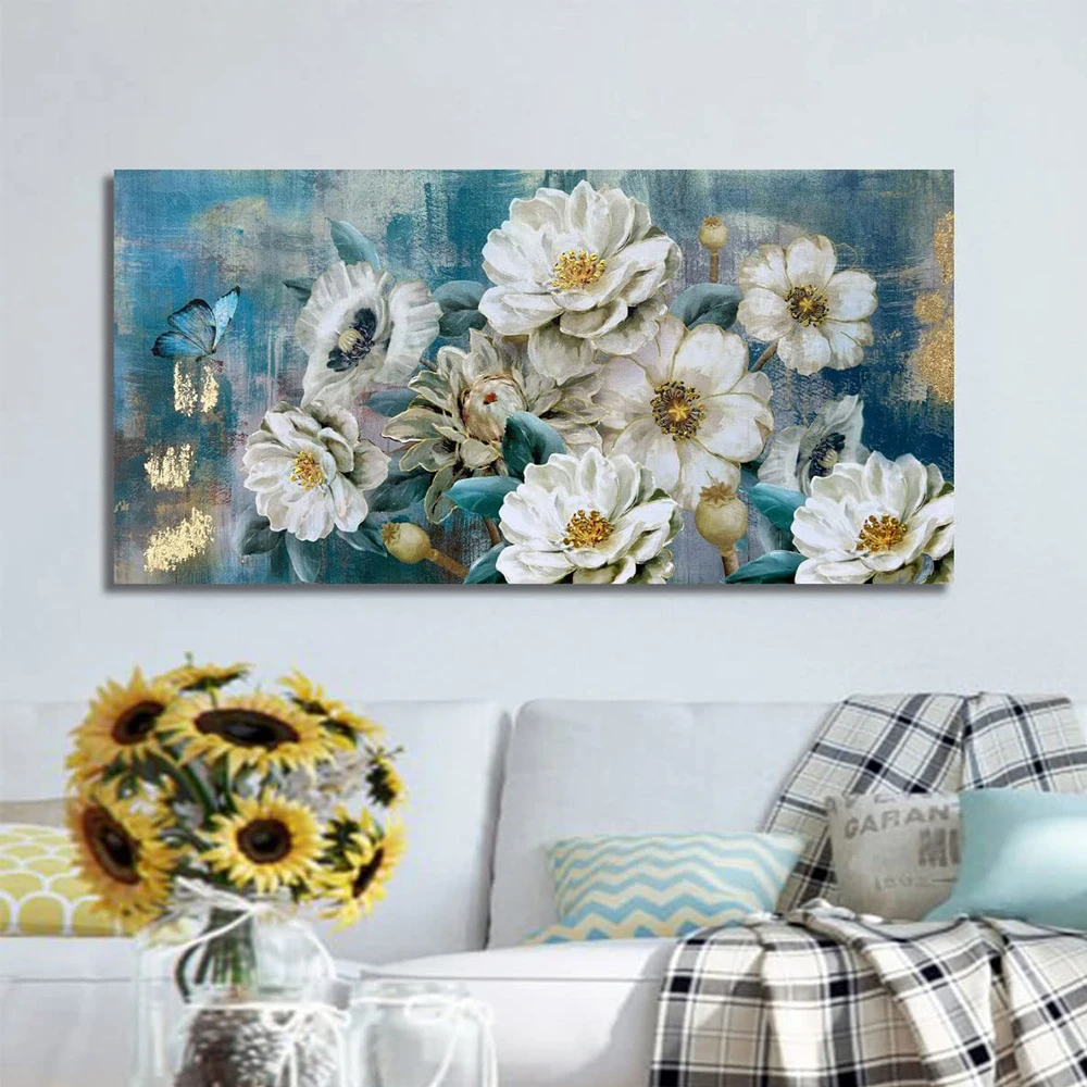 

Flowers Canvas Wall Art White Elegant Modern Picture Gold Foil Rustic Painting Colorful Turquoise Floral Teal Artwork Room Decor