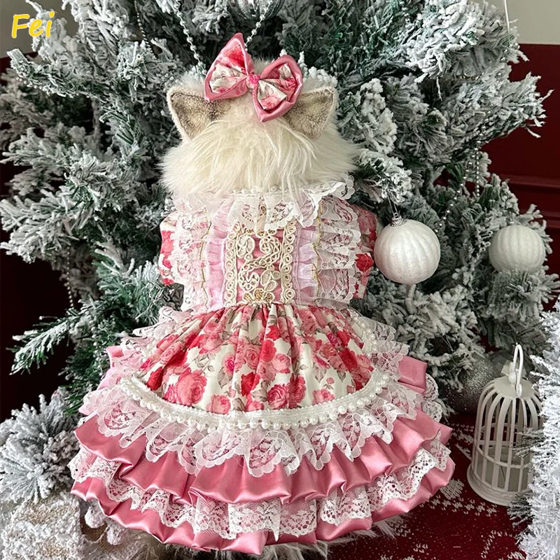 

Fine Fashion Lolita Flower Print Puppy Clothing Pure Cotton Handmade Crystal Lace Bow Dresses Casual Pet Dog Clothes Coat Skirts