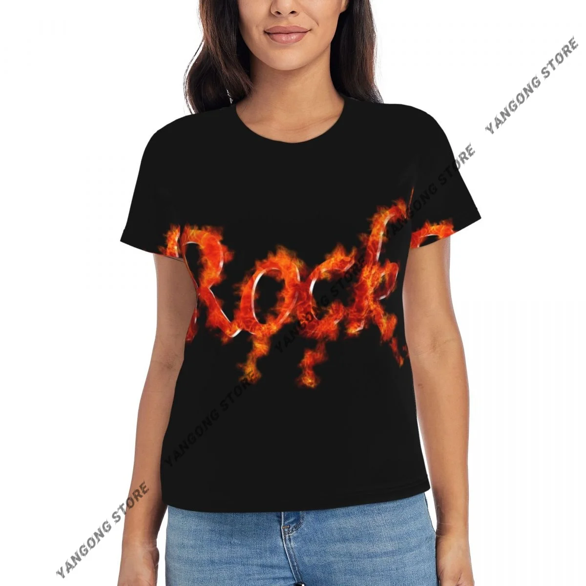 여성 티셔츠 Rock Tshirt 여성 캐주얼 O 넥 반팔 탑 티셔츠 의류
