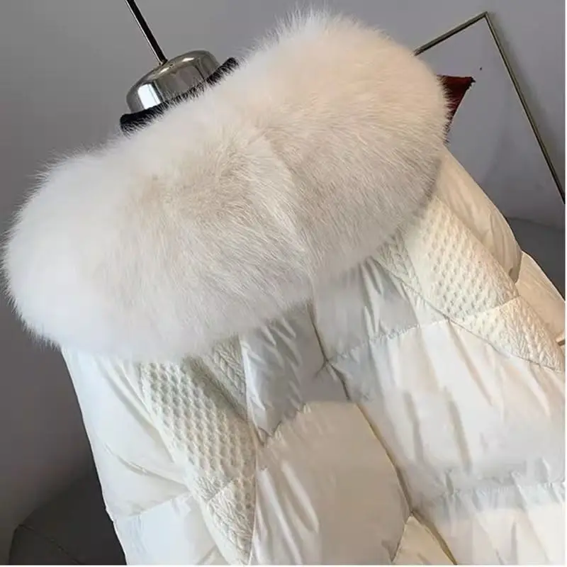 Winter New Down Coat Women\'s Fashion Mid Length Korean Fox Large Fur Collar Thickened White Duck Down Coat Winter Coats Women