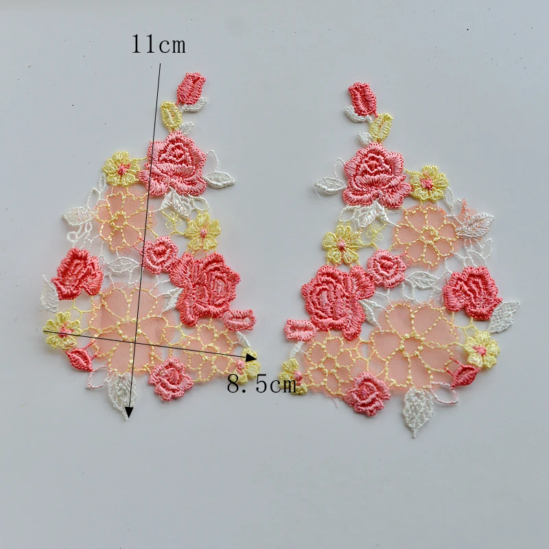 1 Pair Pink Orange Sew On Embroideried Flowers Patch Clothes DIY Patches for Clothing T-shirt Dress Decoration