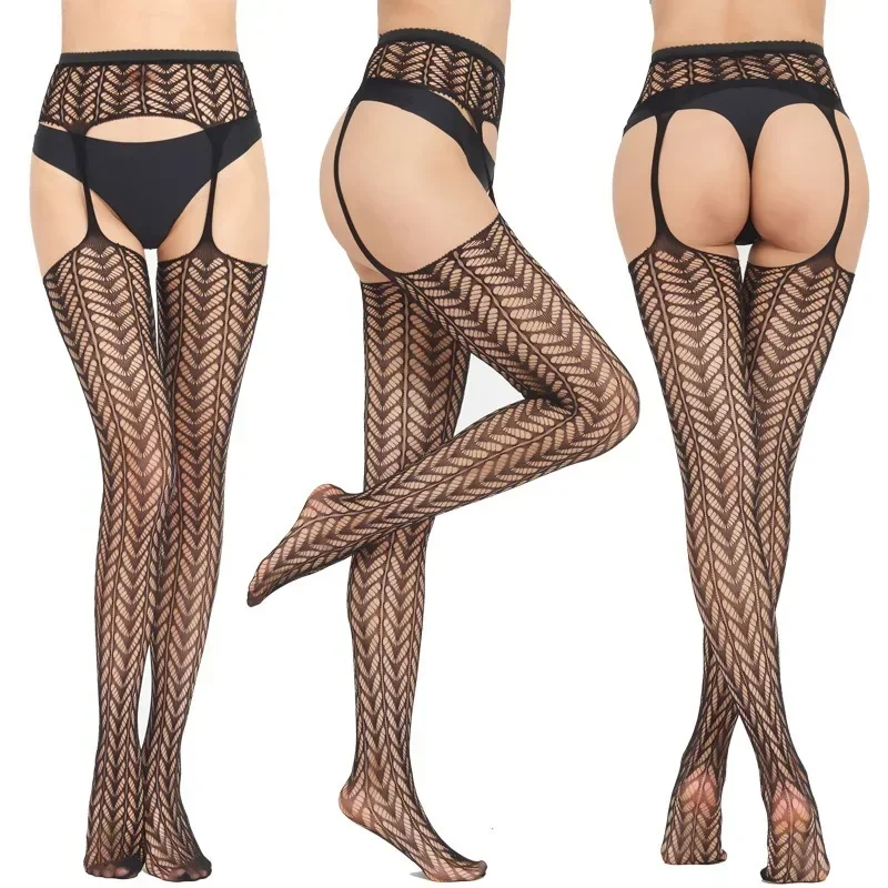 Black Mesh Stockings Sexy Underwear Jacquard Fishnet Pantyhose Transparent Tights Japanese JK Socks Women's Thigh High Stockings