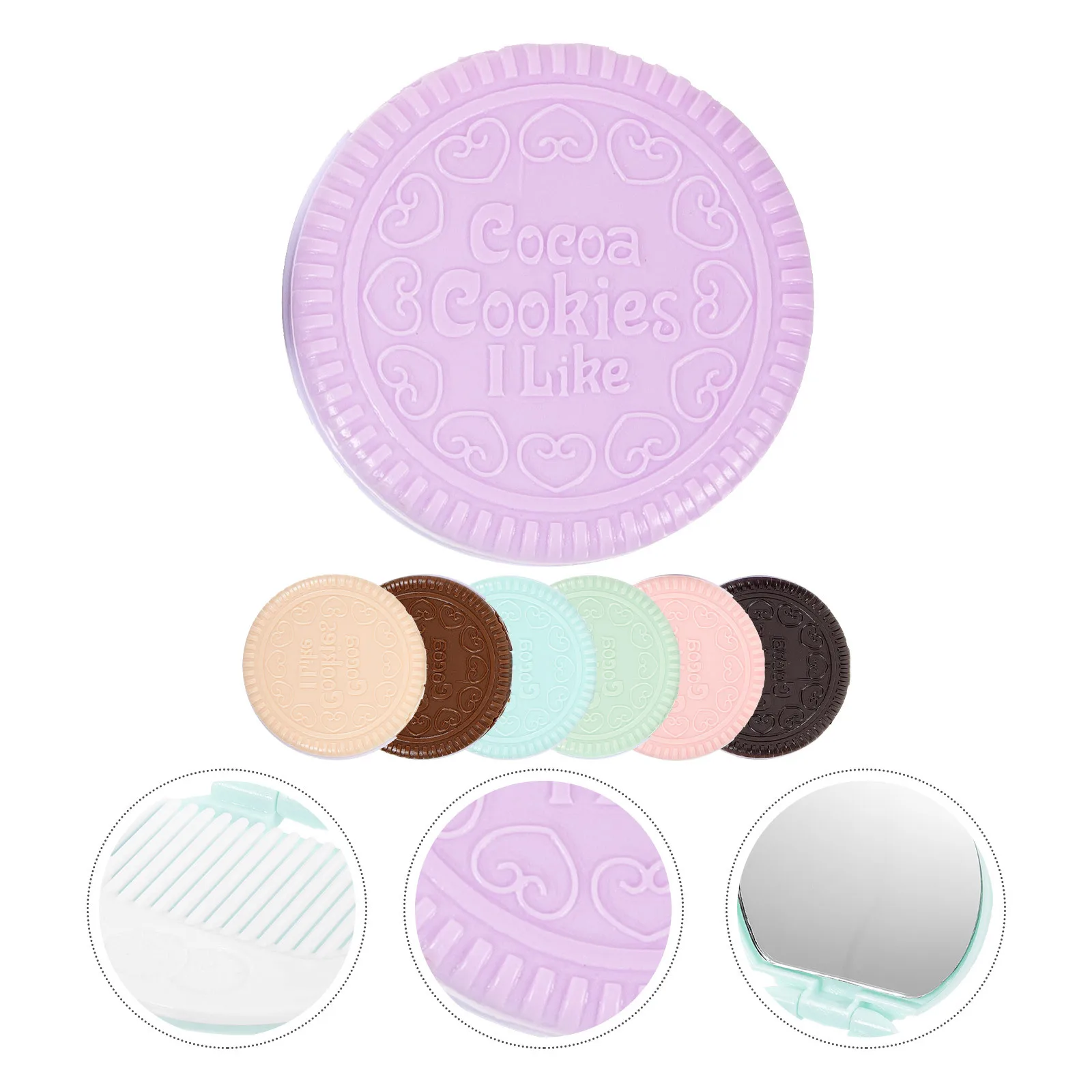 7 Stück schicker Taschenspiegel in Form von Schokoladenkeksen, transparent, Mini-Make-up-Spiegel, Damen-Werkzeug, dunkelbraun, hellbraun, gelb, blau
