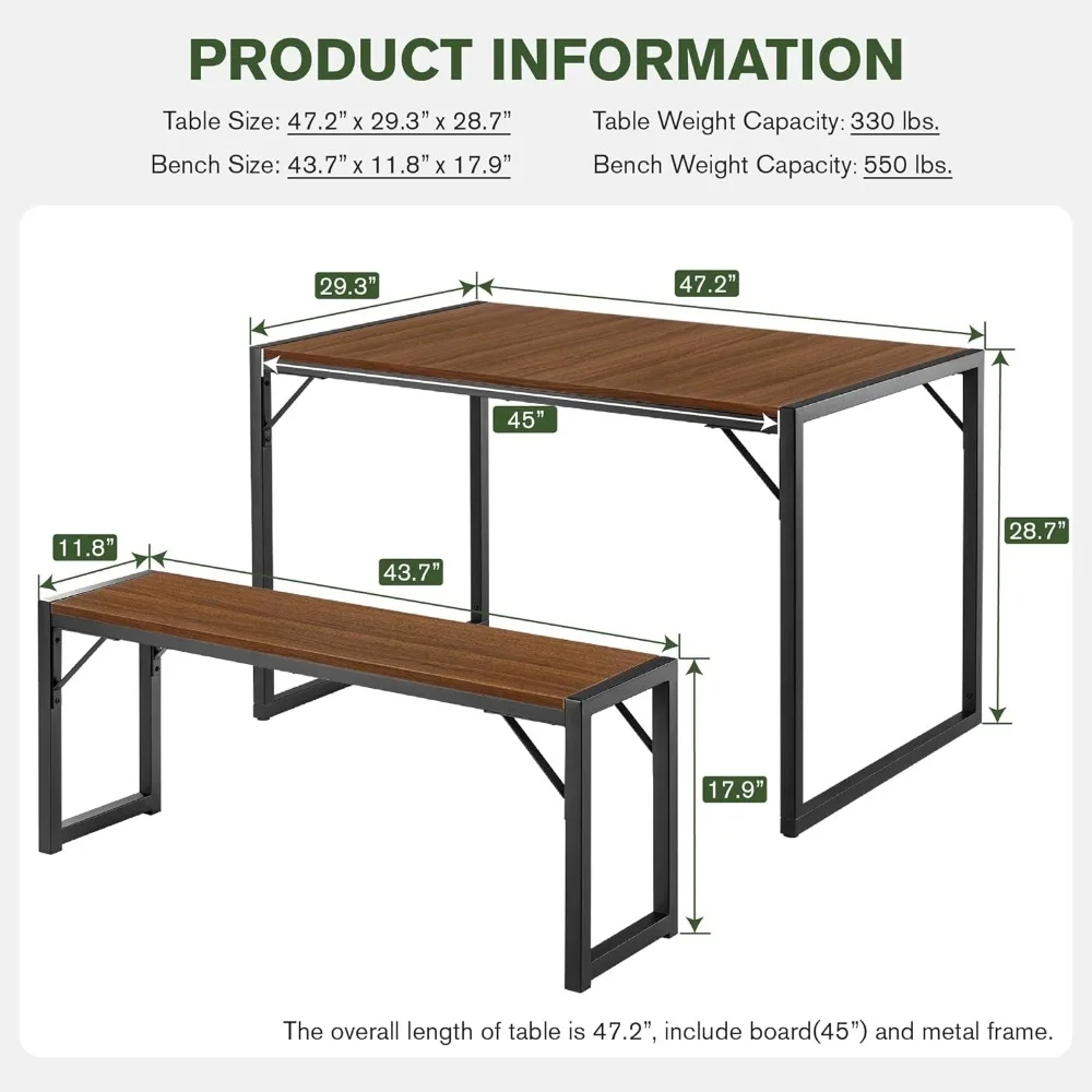 Dining Table Set for 4-6,Modern Rustic Table with Metal Frame and Wood Board for Kitchen & Dining Room with Benches,Space-Saving