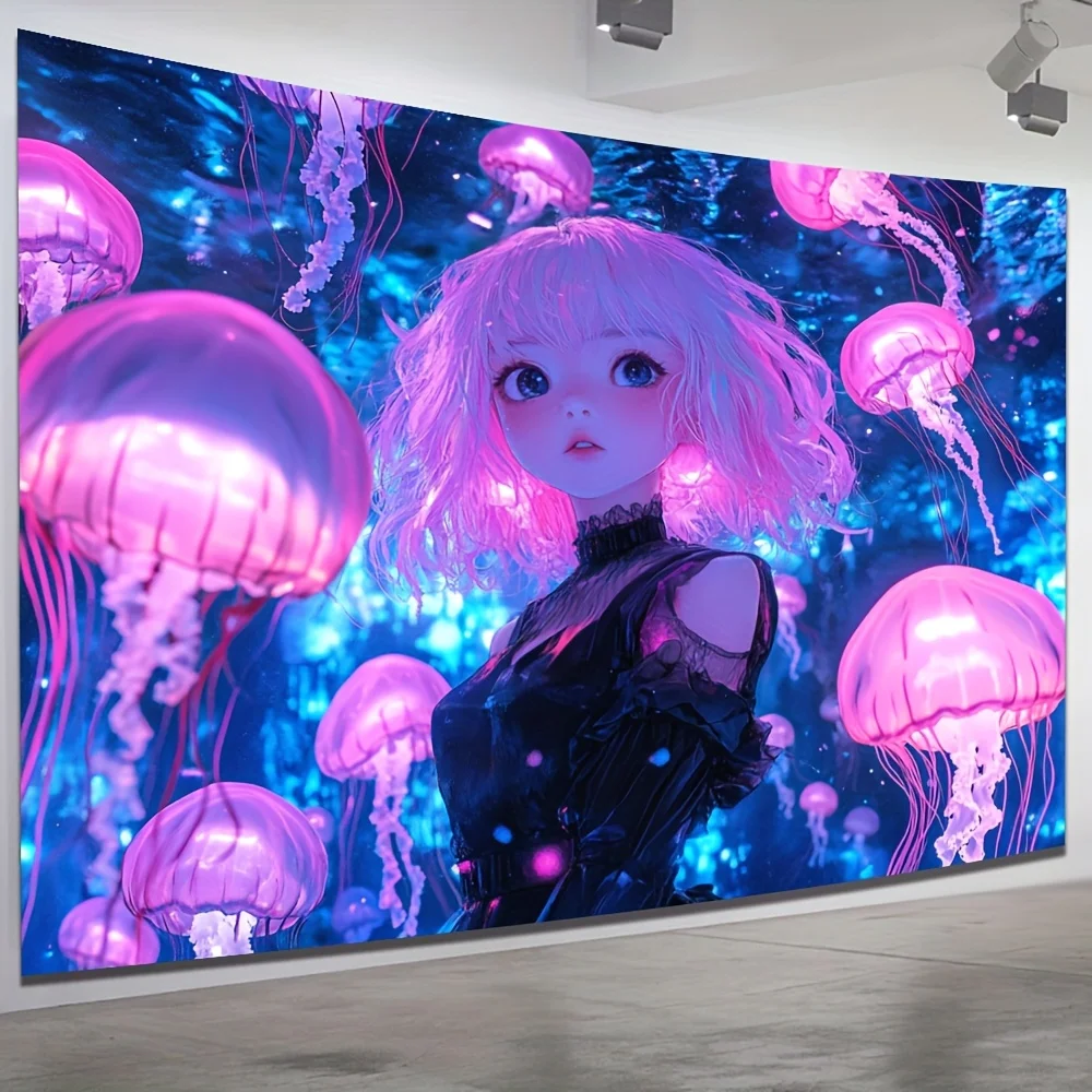 Rosa Quallen-Mädchen Wandteppich, Anime-Ästhetik Wandbehang, Cyberpunk Fantasy-Kunst, Lebendige Schlafzimmerdekoration, Sci-Fi Digital Poster