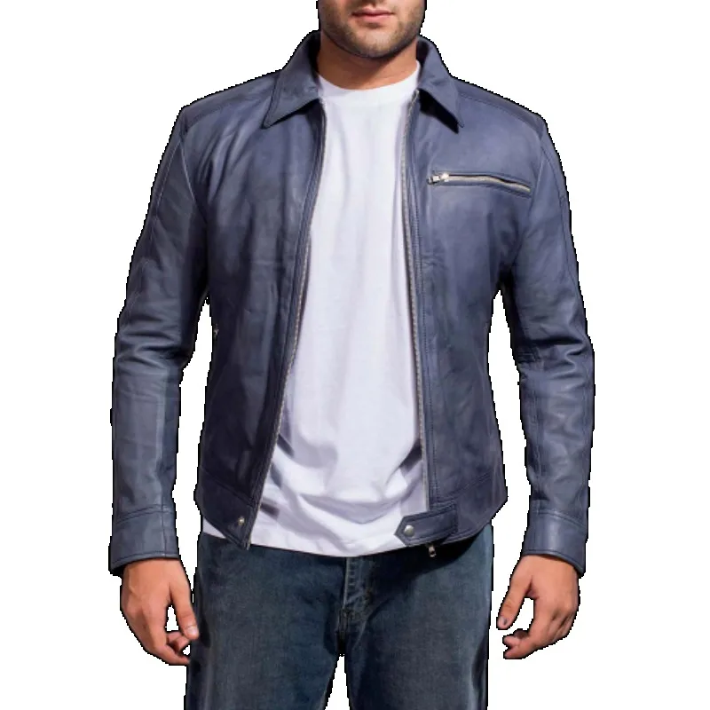 

Men Leather Jacket 100% New Slim Fit Biker Genuine Blue Lambskin Jacket Fashion Trends