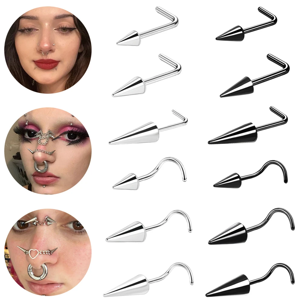 

AOEDEJ 20G 6PCS Long Spike Nostril Piercing Punk Black Nose Studs Stainless Steel Cone Nostril Nariz Stud Septum Ring Piercings