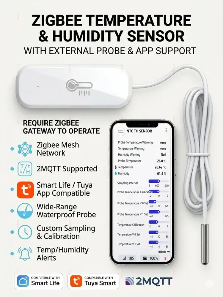 Zigbee Smart Thermometer Hygrometer mit Sonde zur Erkennung von Pool-, Kühlschrank- und Gefrierschrankflüssigkeiten, Temperatursensor für 2MQTT TUYA Smart Life