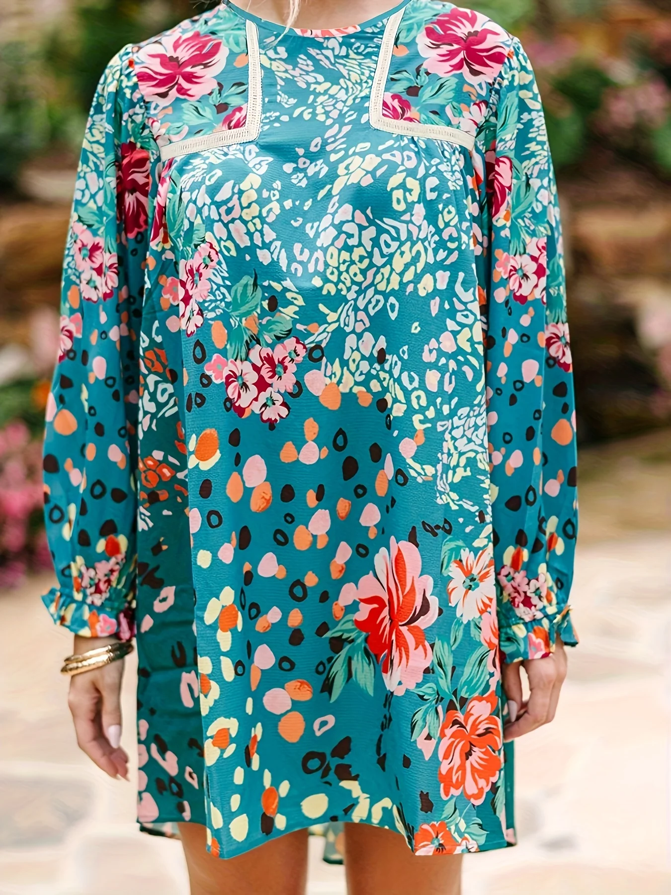 

2025 женское платье с цветочным принтом, повседневное платье с круглым вырезом и длинными рукавами