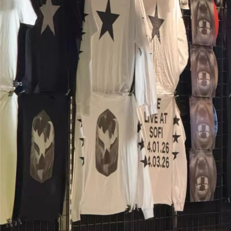 Black White Cotton Oversize Kanye Bully Long Sleeve Tshirt Face Mask Pentagram Round Neck Tops Street Men Women Casual Outfit