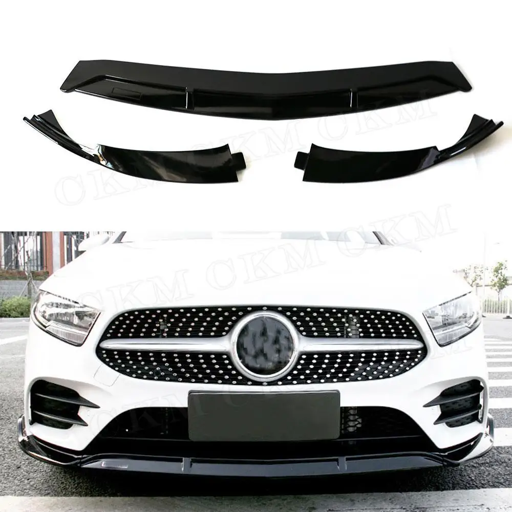 

ABS Black Front Lip Spoiler Splitters for Mercedes Benz A Class W176 A200 Sport 2019 3 PCS/Set Head Bumper Chin Guard