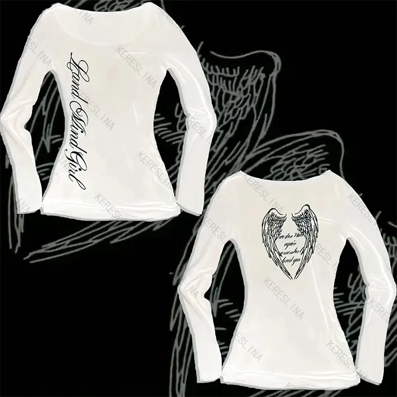 

Gothic punk High street retro Harajuku Letter double-sided print long sleeved T-shirt top comfortable versatile long sleeved top